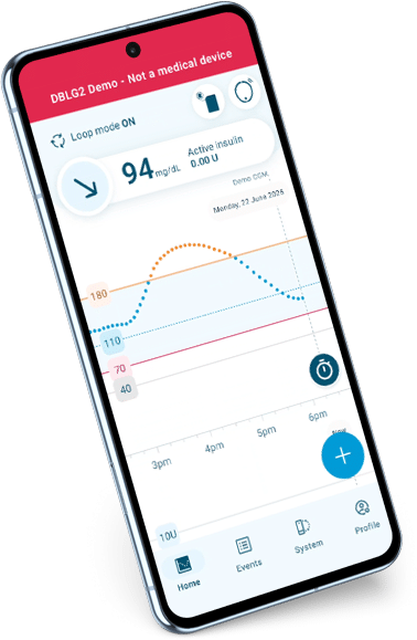 Startpagina van de DBLG2 Demo-app met gesimuleerde glucosegegevens.