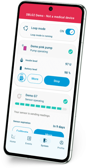 Systeemscherm van de DBLG2 Demo-app met een virtuele pomp en glucosesensor.
